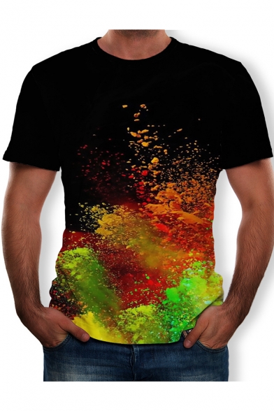 Chic Colorful Splash-Ink Printed Round Neck Short Sleeve Black T-Shirt