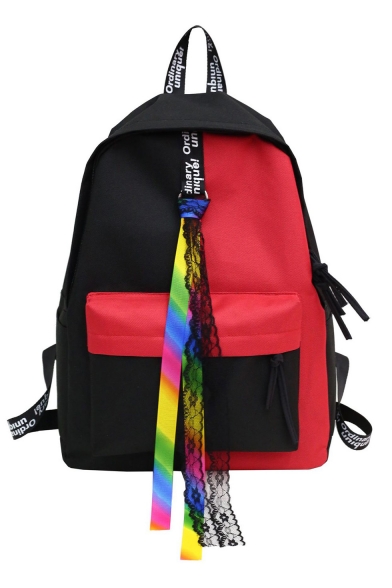 Chic Women's Ribbon Embellishment Colorblock Canvas Varsity Backpack 40*28*12 CM