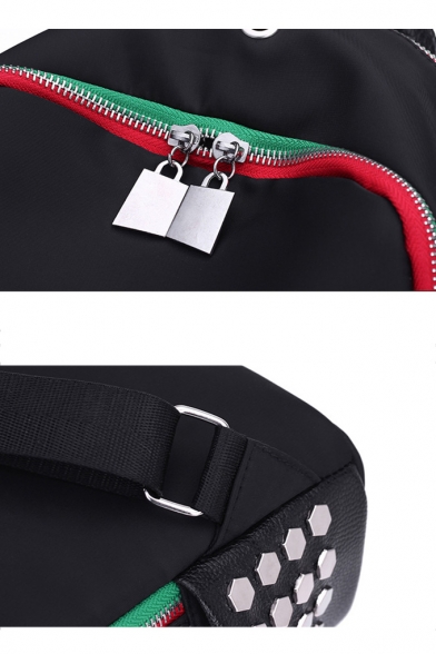 Colorblock Zipper Patchwork Rivet Embellishment Black Oxford Cloth Varsity Mummy Bag Travel Backpack 28*23*13 CM