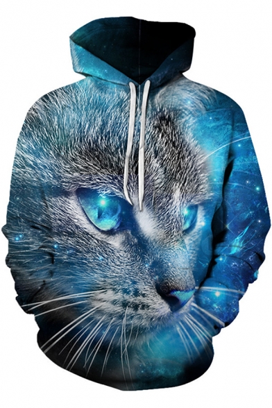 Cool Blue Cat 3D Printed Long Sleeve Sport Casual Pullover Unisex Hoodie