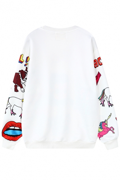 COOL CAKE ME Letter Cartoon Girl Lip Dog Unicorn Cherry Graffiti Printed Round Neck Long Sleeve Sweatshirt