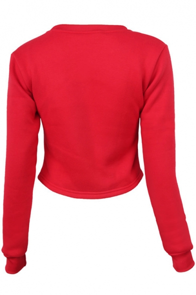 Cool Simple Letter SELFIE Printed Crewneck Long Sleeve Cropped Red Casual Sweatshirt