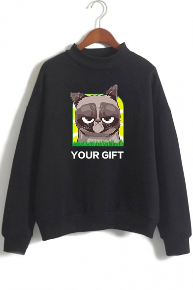 

Cute Letter YOUR GIFT Grumpy Cat Print Long Sleeve Mock Neck Pullover Sweatshirt, Black;pink;white;gray;navy, LM529801