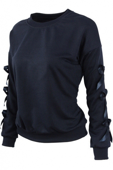 Dark Blue Round Neck Bow-Knot Long Sleeve Pullover Sweatshirt