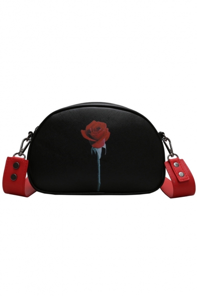 Designer Creative Rose Printed Black Wide Strap Crossbody Shoulder Bag 22*7*14 CM