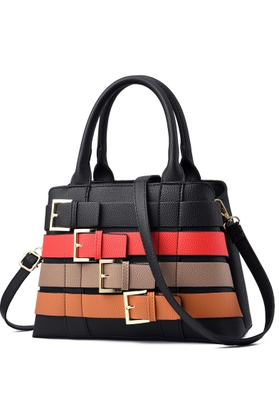Designer Fashion Colorblock Belt Buckle Embellishment Commuter Satchel Handbag 31*13*20 CM