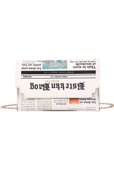 Designer Trendy Newspaper Pattern White Crossbody Bag with Chain Strap 22*0.5*14 CM