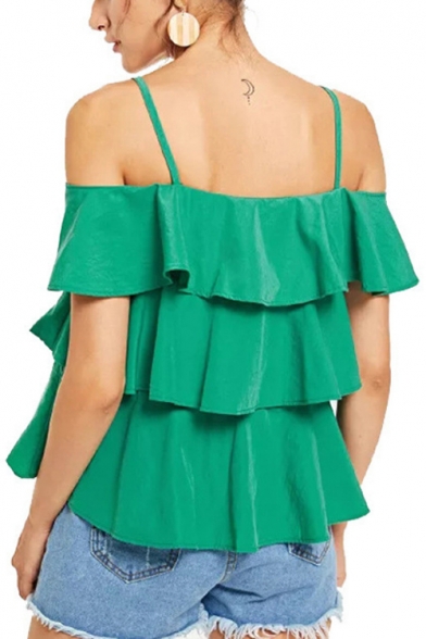 Emerald Green Simple Plain Cold Shoulder Spaghetti Straps Layered Ruffle Blouse Top for Women