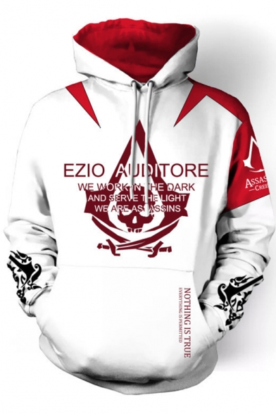EZIO AUDIRORE Letter Skull Printed Colorblock Long Sleeve Loose Fitted White Drawstring Hoodie