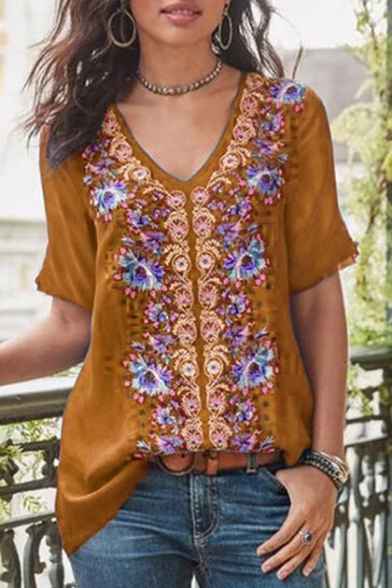 Fashion Womens V-Neck Short Sleeve Print T-Shirt Casual Brown Flower Shirt 
