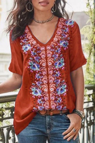 Fancy Ethnic Style Floral Print V-Neck Short Sleeve Loose Casual T-Shirt