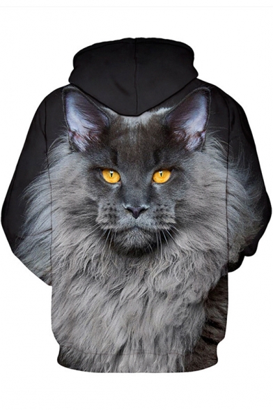 Fancy Galaxy Cat 3D Print Long Sleeve Black Hoodie with Pocket for Men