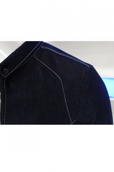 Fashion Contrast Piping Stand Collar Long Sleeve Zip Up Fitted Dark Blue Denim Jacket for Men