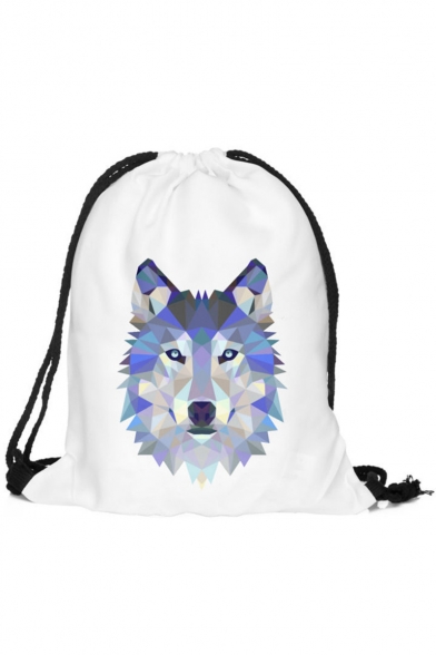 Fashion Creative 3D Wolf Printed White Drawstring Backpack Storage Bag 30*39 CM