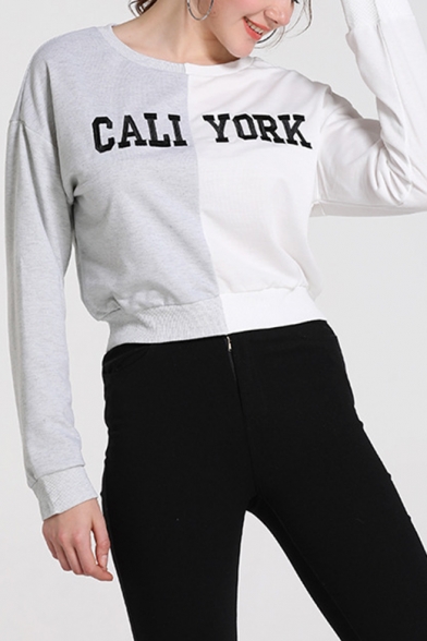 Fashion Grey and White Colorblocked Letter CALI YORK Printed Cropped Sweatshirt