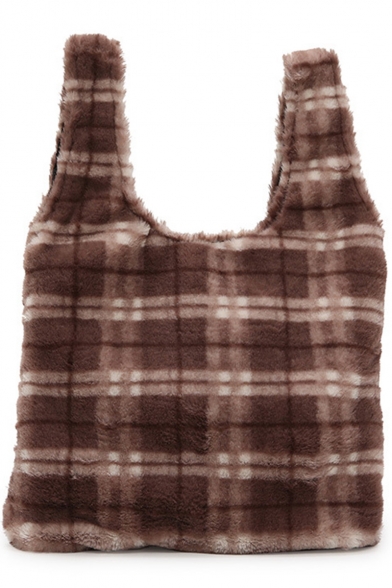 Fashion Personalized Plaid Pattern Hairy Tote Bag for Women 31*5*28 CM