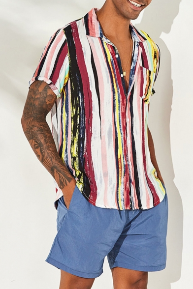 NREALY Camisa Mens Summer Fashion Striped Casual Beach Short Sleeve Shirts Top Blouse