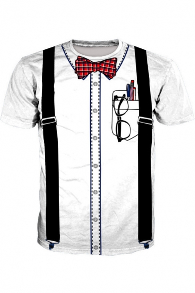 Funny 3D Fake Bow-Tied Glasses Print Round Neck Short Sleeve White T-Shirt