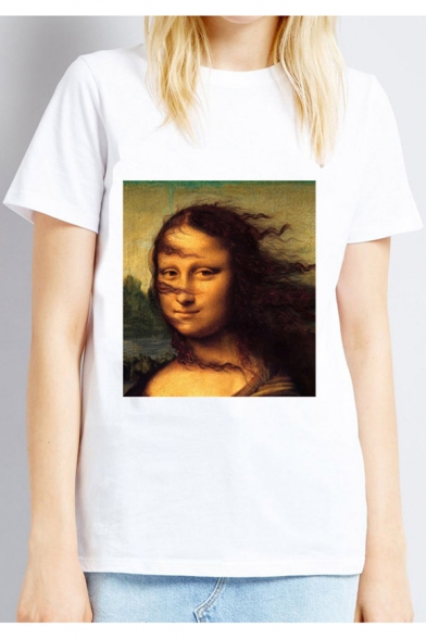 Funny Mona Lisa Pattern Round Neck Short Sleeve Relaxed Fit White Tee