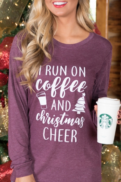 Funny Popular Letter I RUN ON COFFEE Round Neck Long Sleeve Loose Fit Casual Graphic Tee
