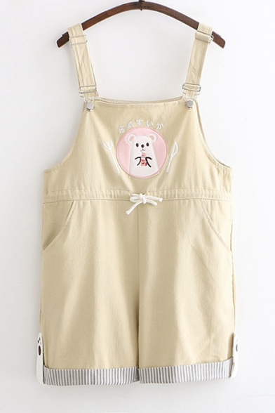 Girls Cute Bear Embroidery Striped Rolled Cuff Rompers Overall Shorts