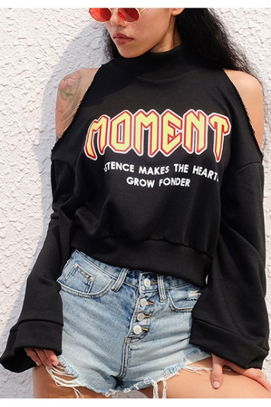 

Girls Hip Hop Style Cool Letter MOMENT Print Cold Shoulder Long Sleeve Black Sweatshirt, LM537761