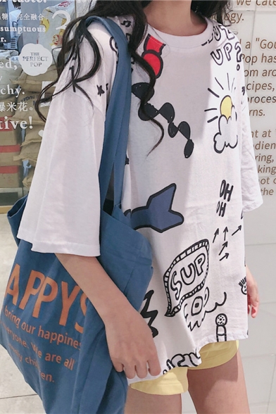 Girls Summer Funny Cartoon Letter Graffiti Printed Round Neck Oversized T-Shirt