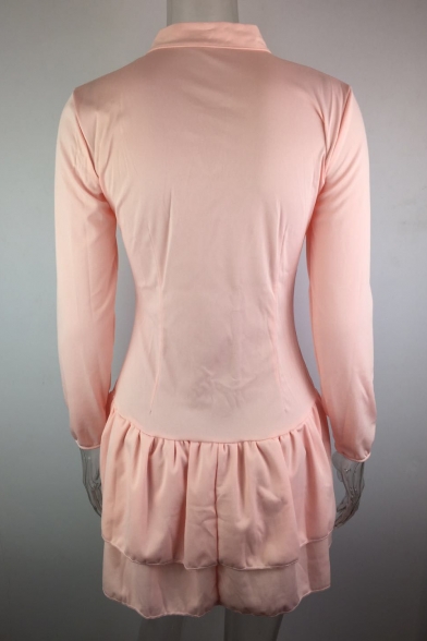 Girls Sweet Pink Simple Plain Bow-Tied V-Neck Long Sleeve Mini A-Line Ruffle Dress