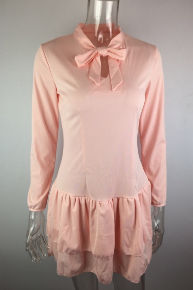 Girls Sweet Pink Simple Plain Bow-Tied V-Neck Long Sleeve Mini A-Line Ruffle Dress