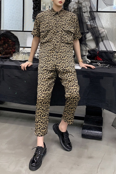 Guys Cool Street Fashion Hip Hop Style Khaki Leopard Printed Short Sleeve Hair Stylist DJ Coveralls Jumpsuits