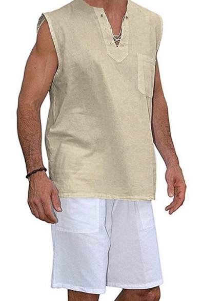 Guys Elelet Lace-Up V-Neck Sleeveless Solid Color Linen Casual Loose Shirt Tank