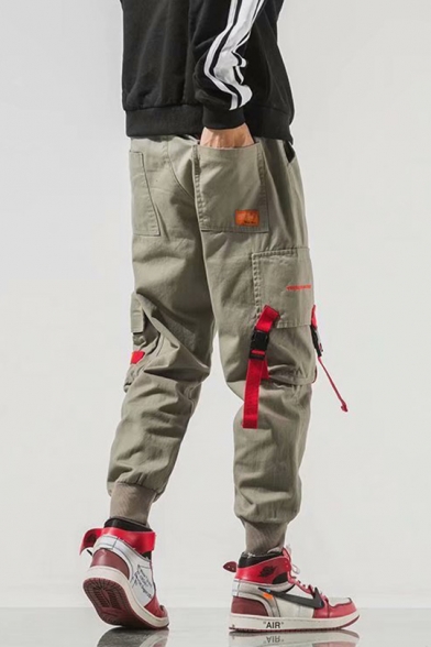 Guys New Trendy Ribbon Embellished Drawstring Waist Loose Fit Cargo Pants