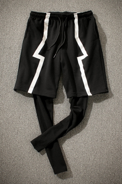 Guys Street Fashion Hip Hop Style Colorblock Layered Patch Fake Two-Piece Black Sport Dance Pants