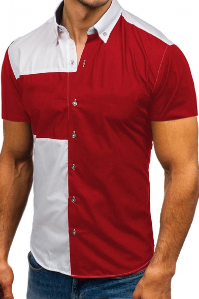 Guys Stylish Two-Tone Colorblocked Short Sleeve Button Down Fitted Shirt