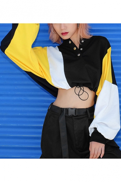 Hip Hop Women's Patchwork Button Down Collar Bat Sleeve Drawstring Hem Black Crop Sweatshirt