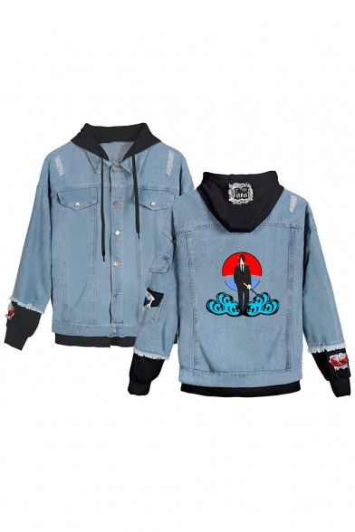 Hot Fashion Comic Character Cloud Print Patched Fake Two-Piece Button Front Denim Blue Hooded Coat Jacket