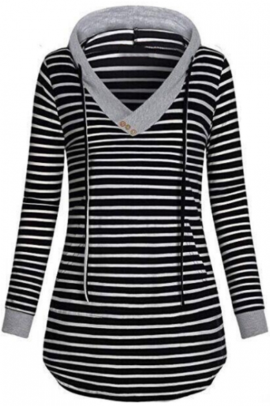 Hot Fashion Women's Stripe Print V-Neck Button Detail Drawstring Hood Long Sleeve Black Longline Hoodie