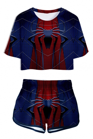 Hot Popular Blue and Red Spider Pattern Short Sleeve Cropped T-Shirt with Dolphin Shorts Two-Piece Set