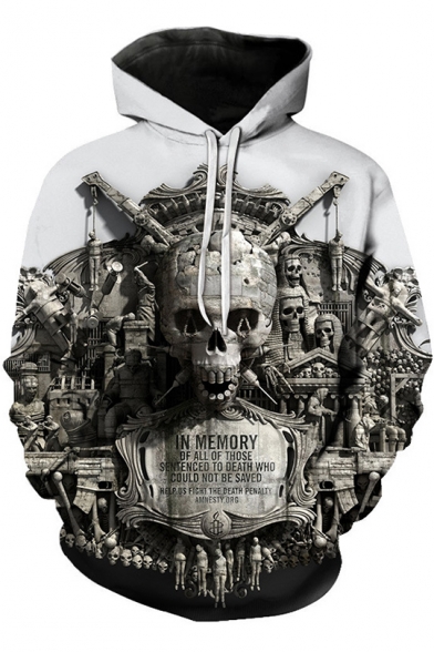 IN MEMORY Letter 3D Skull Architecture Printed White Drawstring Long Sleeve Hoodie with Pocket
