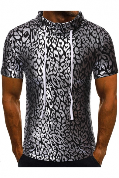 Men's Fashion Silver Leopard Printed Drawstring Funnel Neck Short Sleeve Slim T-Shirt