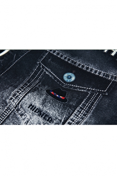 Men's New Trendy Patched Long Sleeve Letter Badge Hooded Zip Up Black Denim Coat Jacket