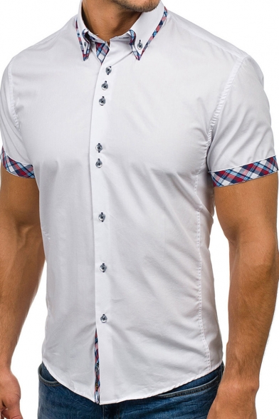 Mens Stylish Plaid Patched Classic Double Collar Irregular Button Down Slim Fit Short Sleeve Cotton Shirt