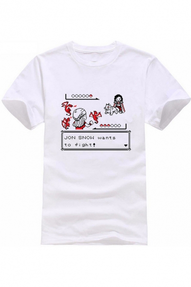 New Arrival Short Sleeve Round Neck Cartoon Letter JON SNOW WANTS TO FIGHT Printed White Graphic Tee