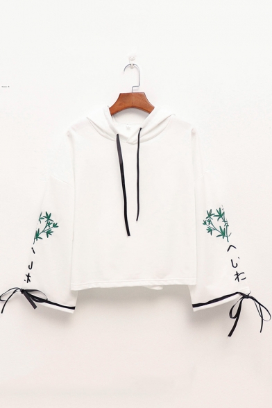New Stylish Letter Leaf Embroidered Bow Tie Bell Sleeve Drawstring White Cotton Hoodie