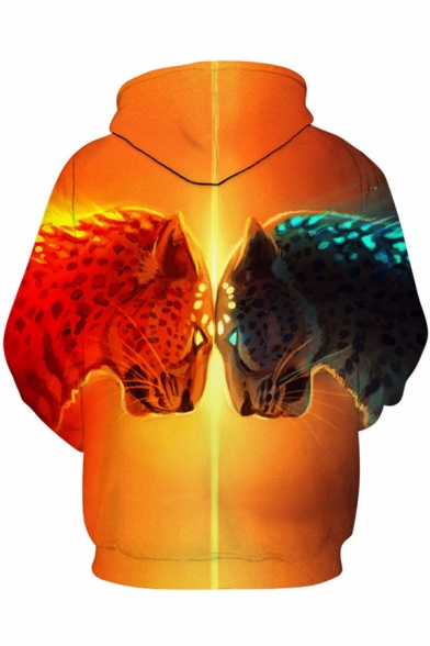 New Stylish Men's Cool Ice and Fire Leopard 3D Printed Long Sleeve Yellow Drawstring Hoodie with Pocket