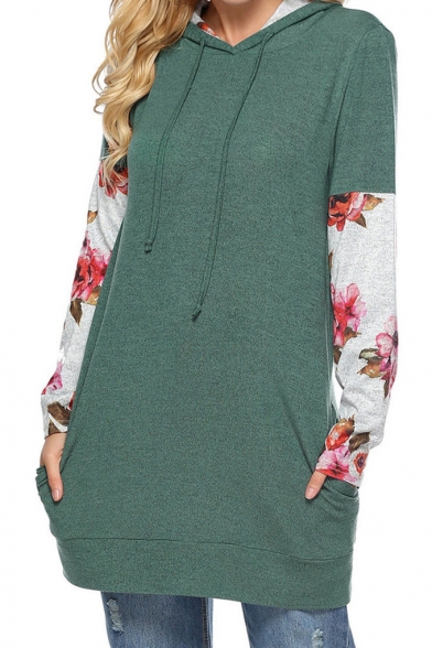 New Stylish Women's Floral Patched Drawstring Hood Long Sleeve Longline Hoodie