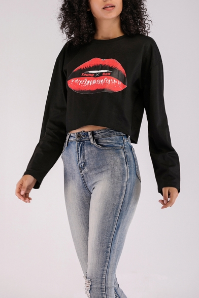 New Stylish Women's Letter YOUNG BAD Lip Print Round Neck Long Sleeve Black Cropped Pullover Sweatshirt