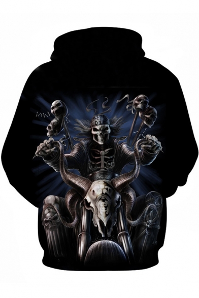New Trendy 3D Skull Beast Printed Long Sleeve Casual Black Hoodie