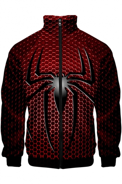 New Trendy Cool Spider Far From Home Stand Collar Long Sleeve Zip Up Red Jacket