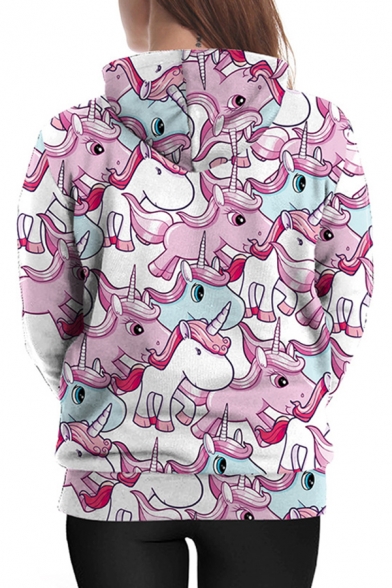 New Trendy Cute Cartoon Pink Unicorn Printed Long Sleeve Casual Relaxed Hoodie